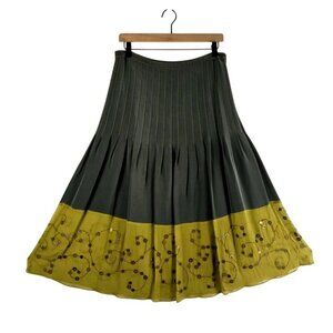 Boho Skirt Silk Tea Length 30" Gathered Olive Bottom Tier Sz 10 Gypsy India